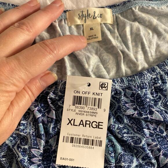 Boho Ruffle Hem Peasant Top Blue Paisley Print Style & Co XL - Picture 3 of 5